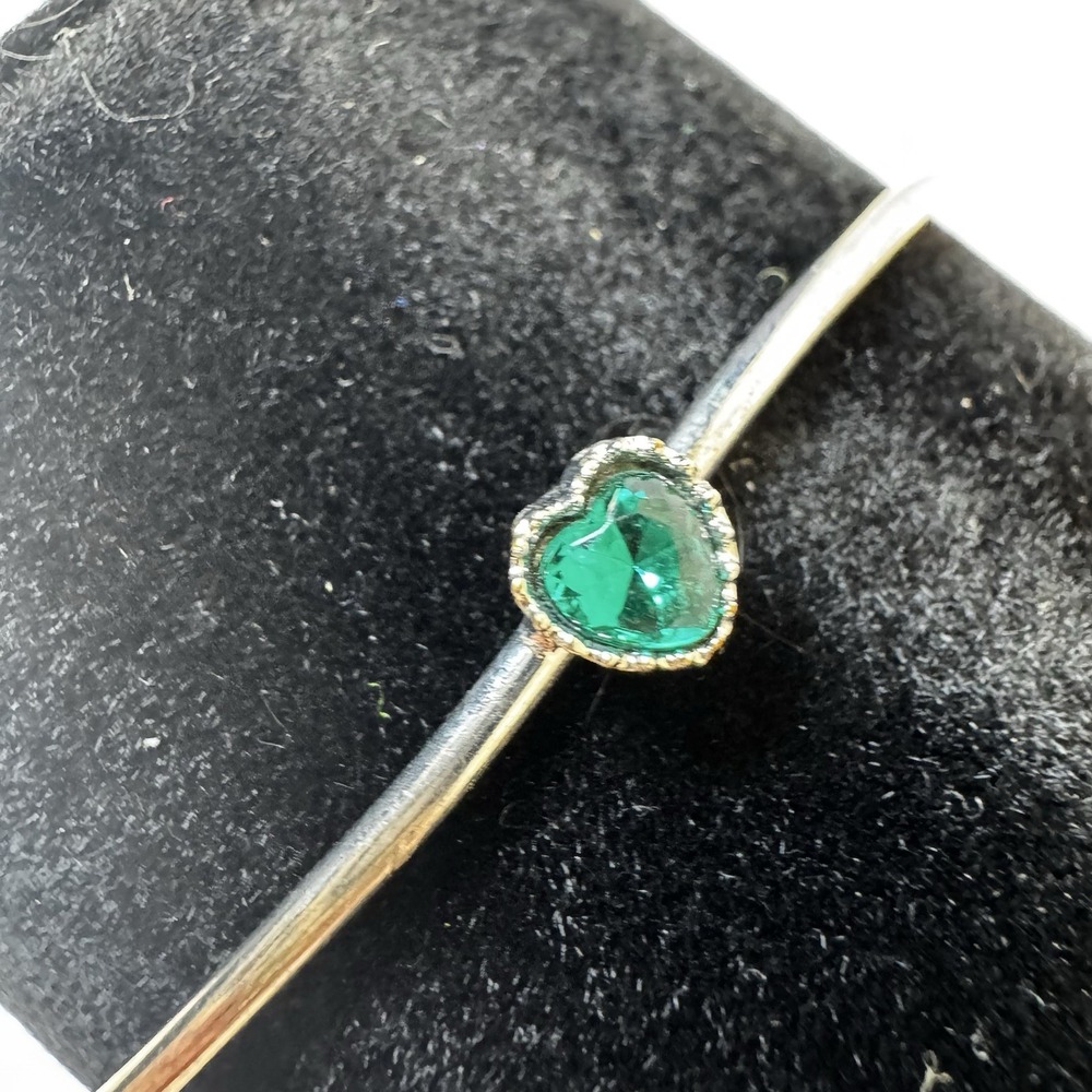 Faux Emerald Heart Silver Tone Charm Bracelet